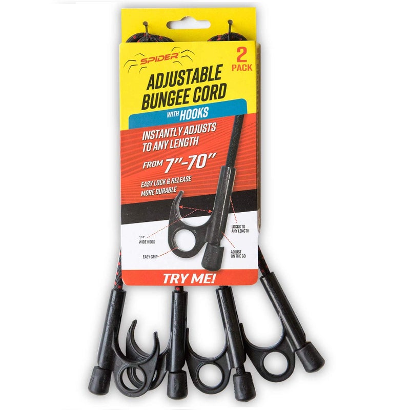 SPIDER Adjustable Bungee Cords with Hooks, 48 Inch Unstretched, 7-70 Inch Stretched - Quick Adjust Hooks - Heavy Duty Tie Down Straps for Outdoor, Truck Beds, Moving, Cargo, Tarp, (2 Pcs) - Image 1